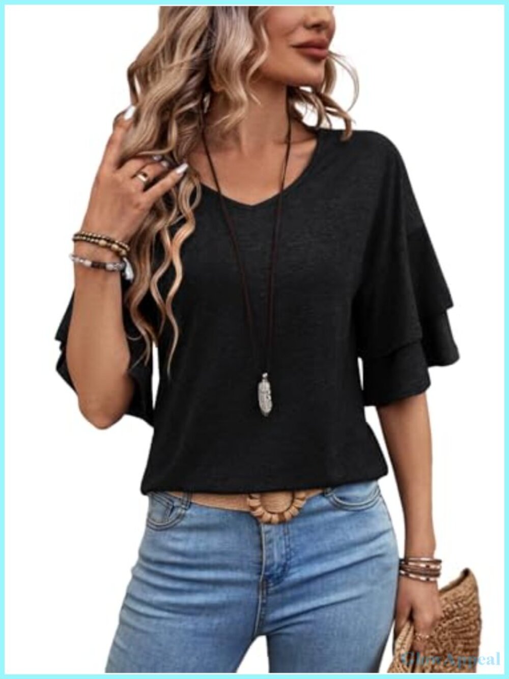 Womens Ruffle Sleeve V-Neck Blouse 3/4 Length Stretchable Polyester Blend